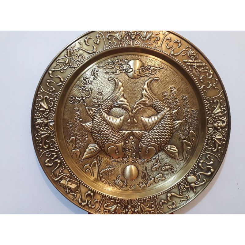 Copper Brass Wall Plate Carps Looking at the Moon Handcrafted by Artisans from Đại Bái Copper Casting Village, Vietnam