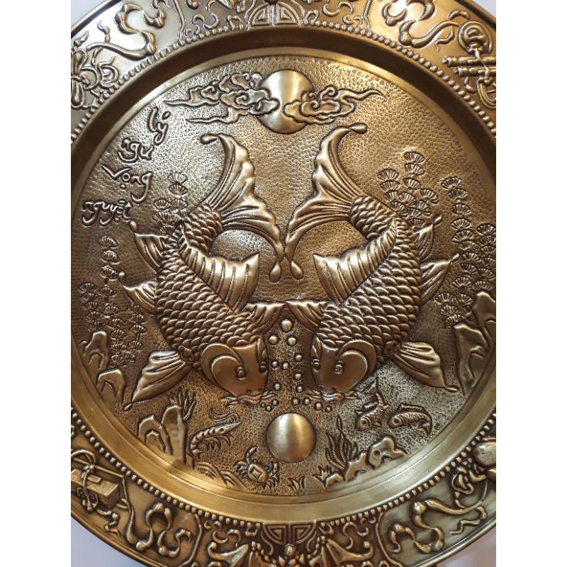 Copper Brass Wall Plate Carps Looking at the Moon Handcrafted by Artisans from Đại Bái Copper Casting Village, Vietnam