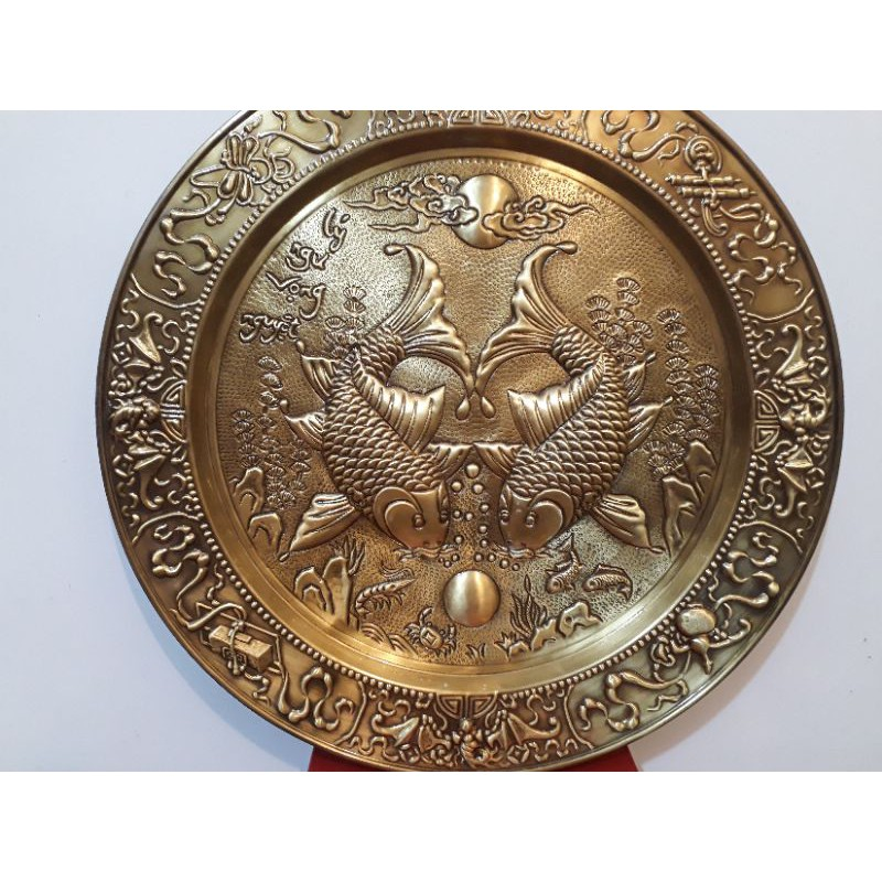 Copper Brass Wall Plate Carps Looking at the Moon Handcrafted by Artisans from Đại Bái Copper Casting Village, Vietnam